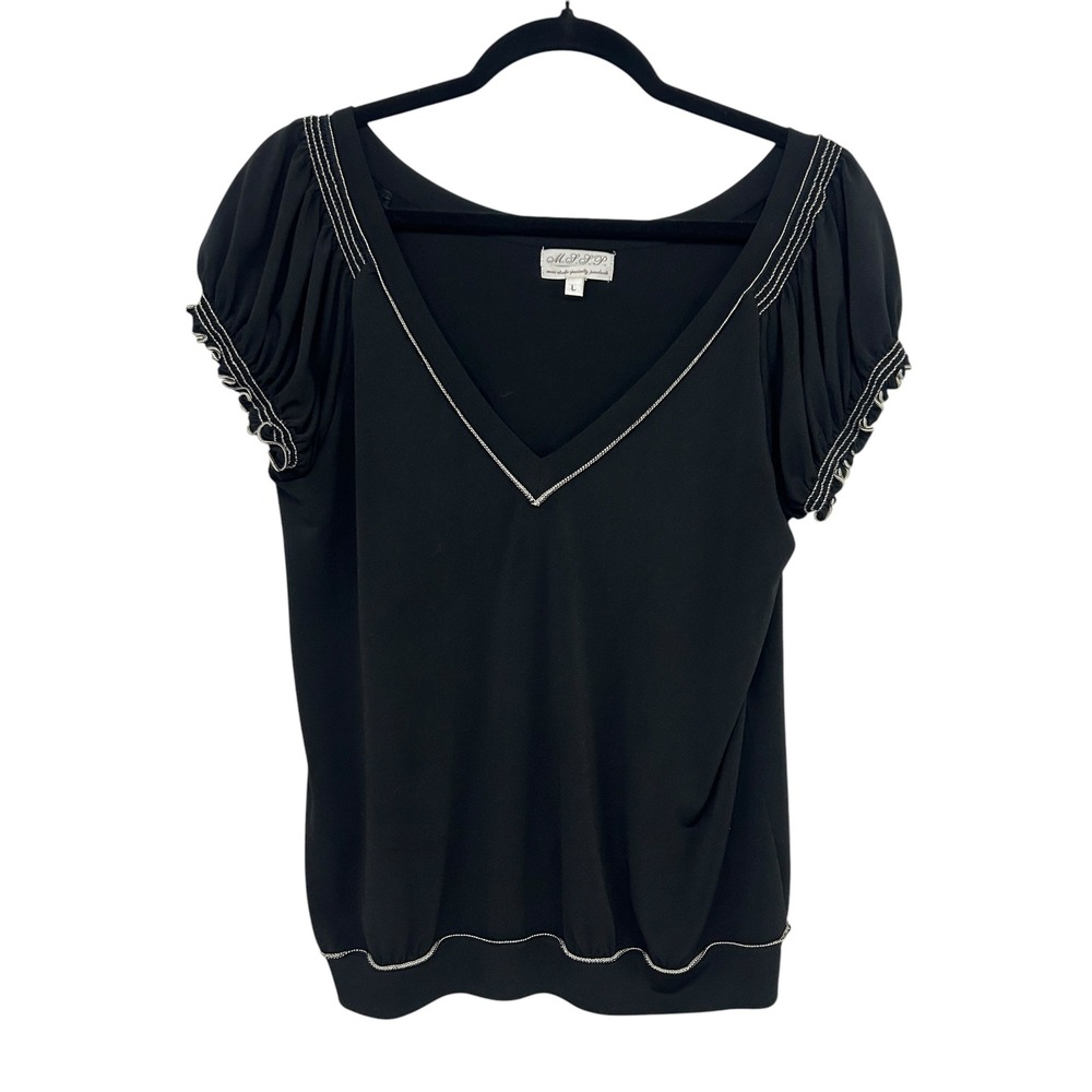 Vintage Max Studio Y2K Puff Sleeve Blouse Large Black Coquette Going Out Top